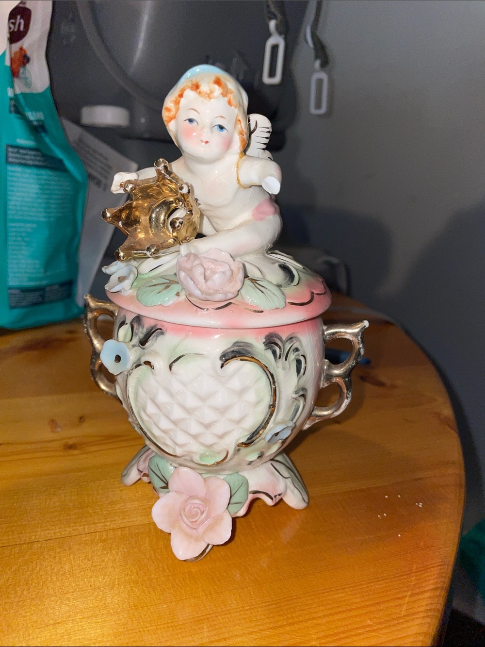 Porcelain Cherub Jewelry Box with Pink Roses and Gold Accents